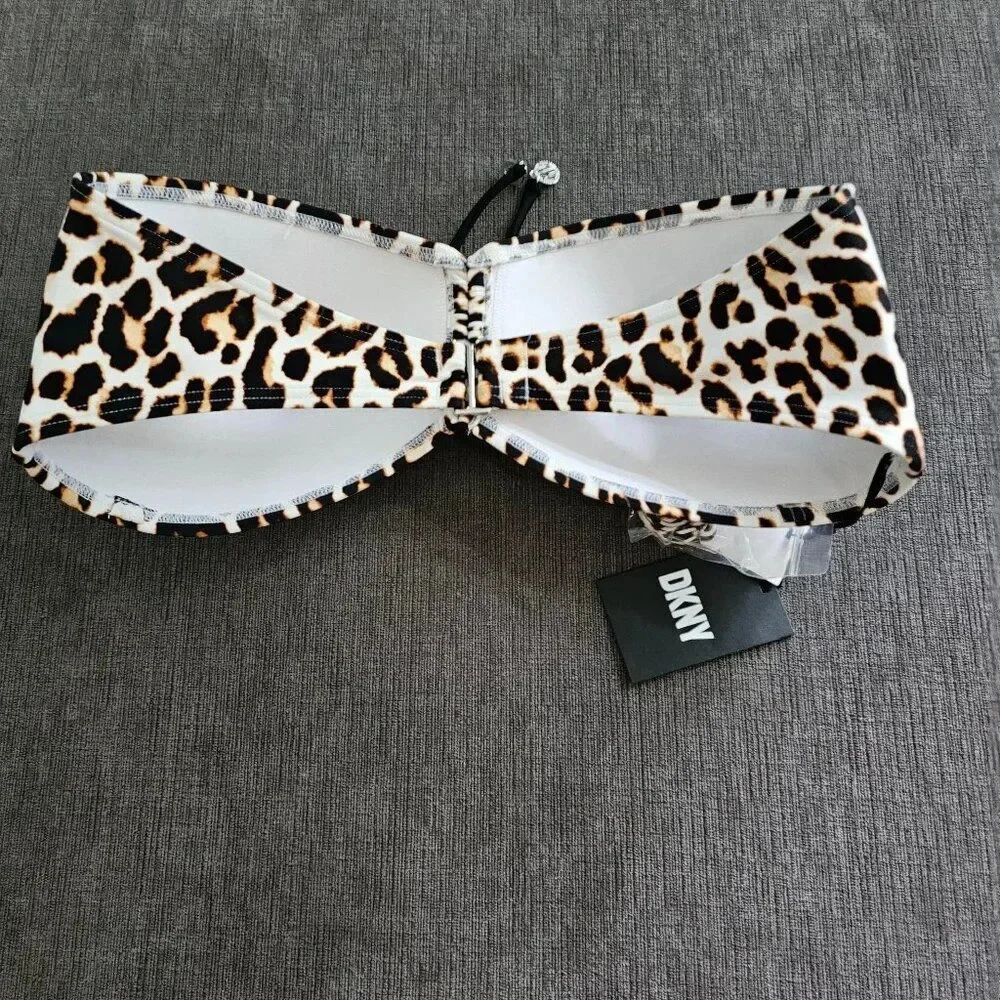 DKNY Women's Leopard-Print Bandeau Tie-Front Bikini Top Size Large